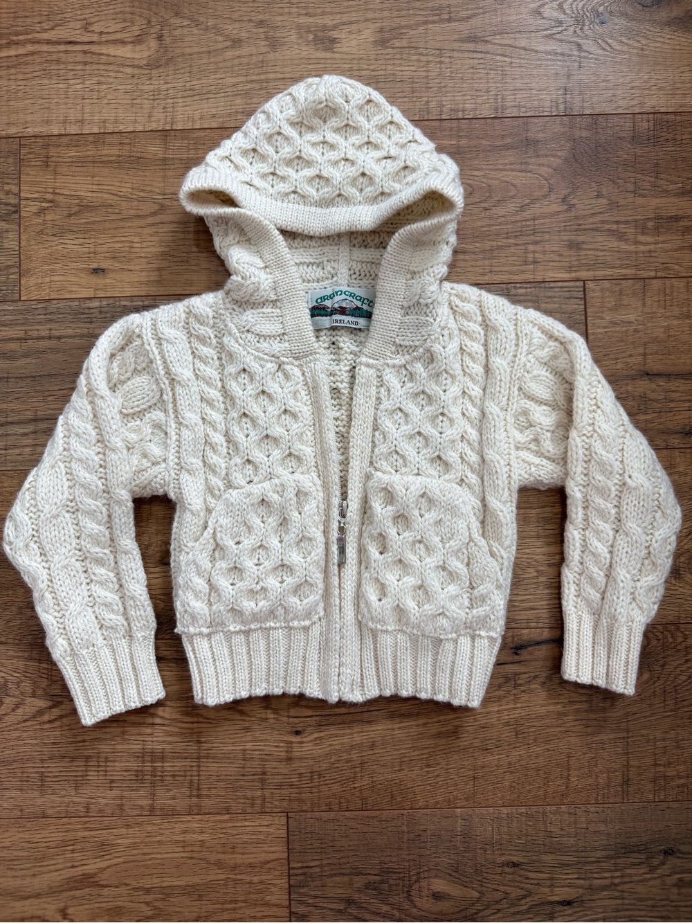 Aran Crafts Cream Cable-Knit Hooded Kids Sweater